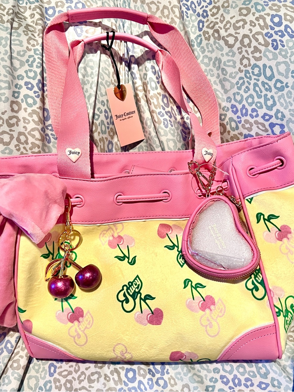 New Pink Yellow Juicy Couture Purse + Charms Cherry Daydreamer Tote Bag Handbag
